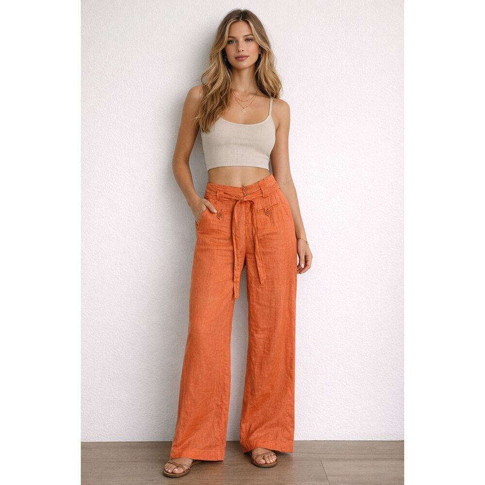 Esley Orange Linen Blend Wide Leg Pants Size M High Waist Tie Belt See Notes